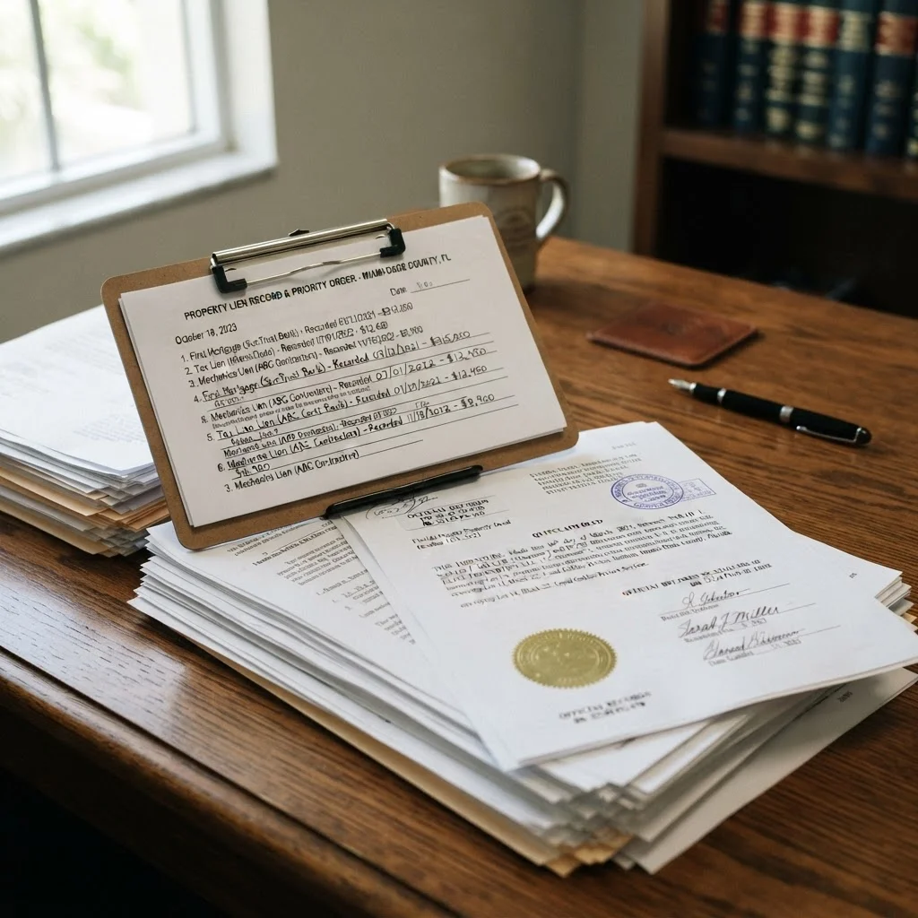 Priority of Liens in Florida Real Estate 1 Stacked legal documents showing property lien records organized by priority order in Florida