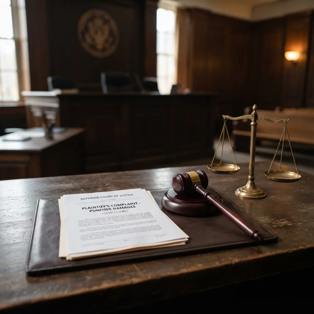 What Are Punitive Damages in Real Estate? 1 Judge's gavel and scale of justice with punitive damages court filings representing real estate litigation in Florida