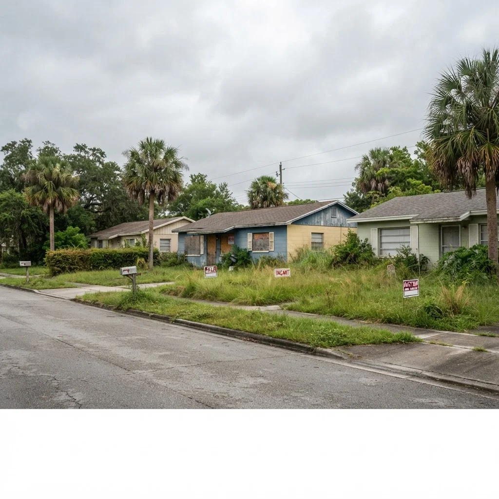 Row of vacant residential properties with for sale signs representing shadow inventory in Florida