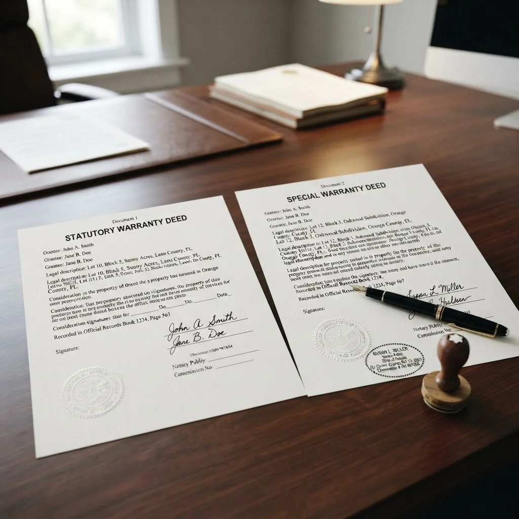 Statutory vs Special Warranty Deed Florida 1 Two Florida property deed documents comparing statutory and special warranty deeds with notary stamp