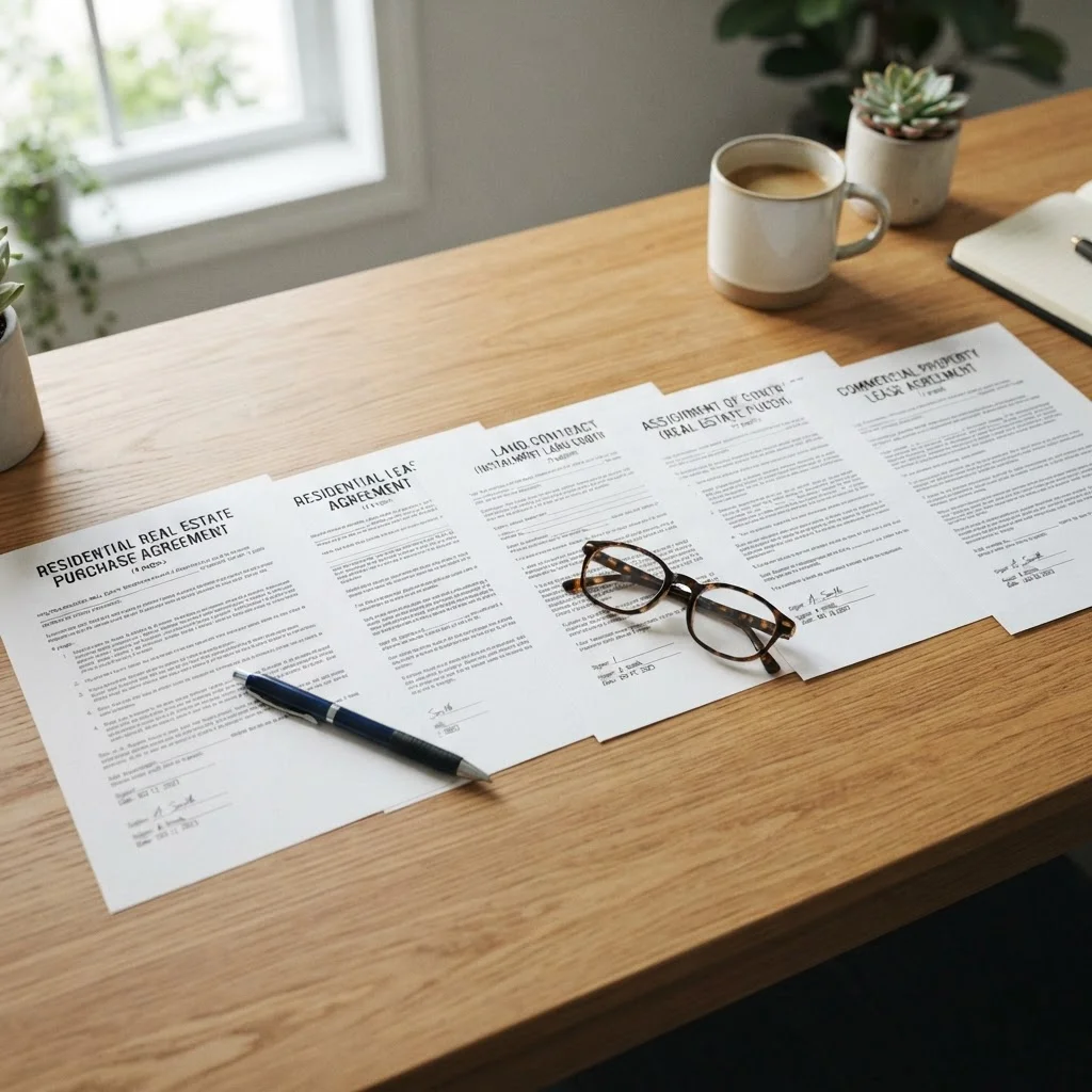 Types of Real Estate Contracts in Florida 1 Different types of real estate contract documents laid out on a desk representing Florida real estate contract types