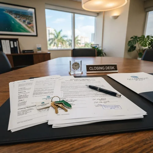 title insurance vs real estate attorney — Florida closing table with documents keys and pen