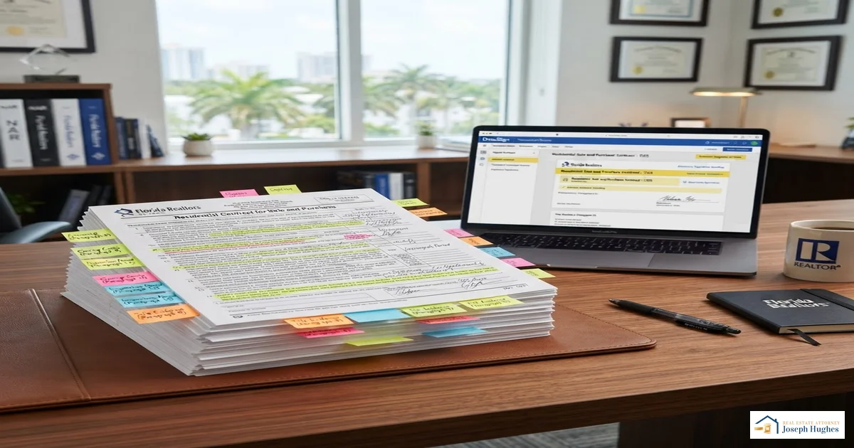 Florida Realtors contract forms with sticky notes marking updated sections