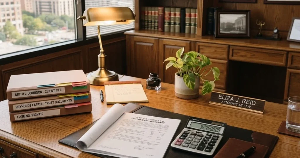 How Much Does a Real Estate Attorney Cost in Fort Lauderdale? 4 real estate attorney cost Fort Lauderdale — attorney office desk with fee schedule and calculator
