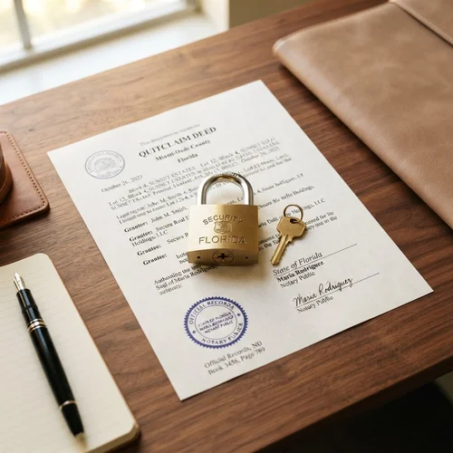 real estate fraud Florida — security lock and key on Florida property deed document
