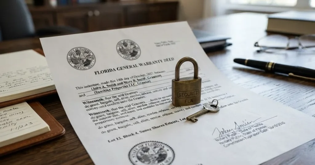 How to Protect Yourself from Real Estate Fraud in Florida 1 real estate fraud Florida — property deed document with brass padlock and key for fraud protection