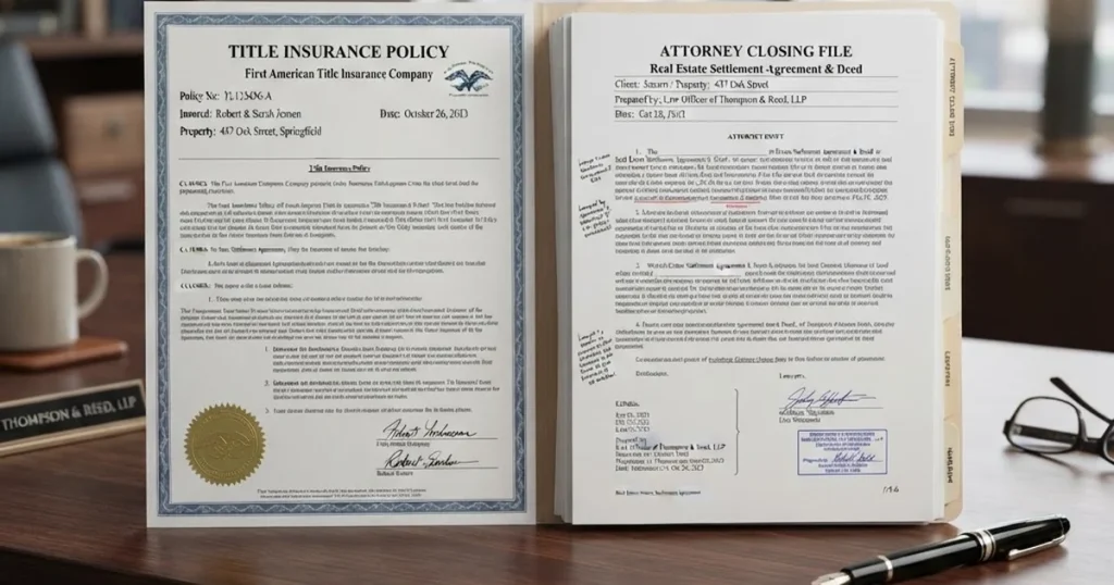 Title Insurance vs Real Estate Attorney: What Florida Buyers Need to Know 7 title insurance vs real estate attorney — policy document beside legal attorney documents on desk